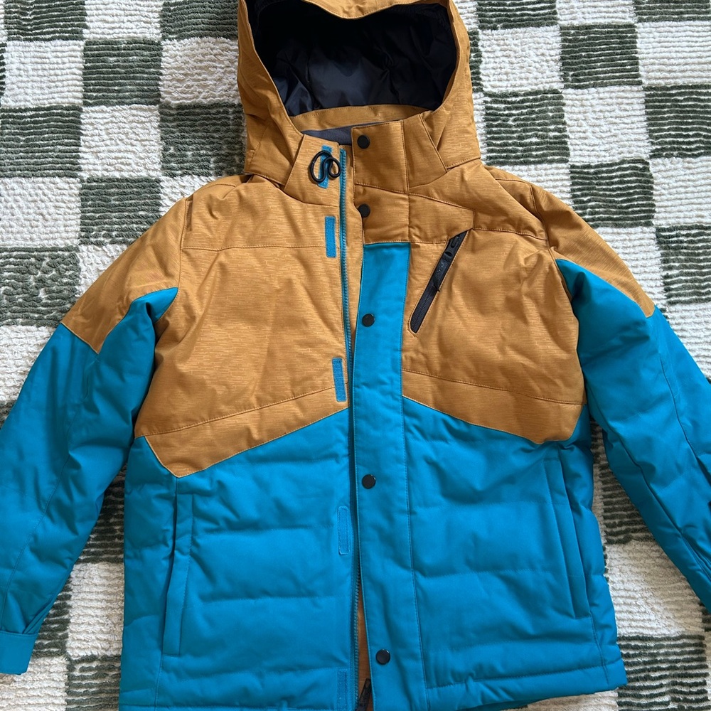 Spyder Teal and Mustard Colorblock Hooded Puffer Jacket - Kids 14